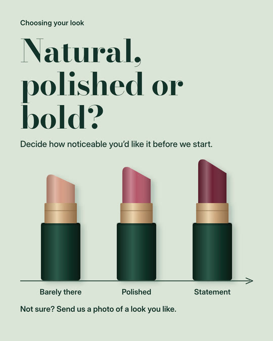 Natural, polished or bold? Three illustrated lipsticks show a scale from barely there to statement. Decide how noticeable you would like it. Not sure? Send a photo of a look you like.